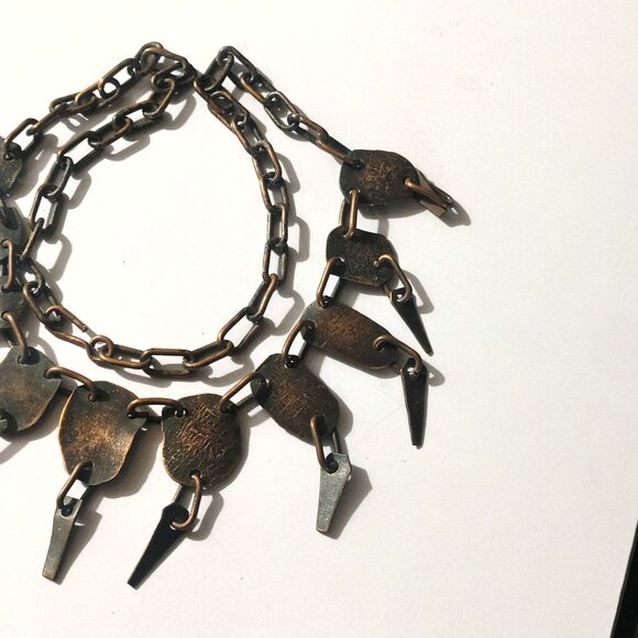 Vintage Brass Bib Necklace Etched Abstract Adjustable Chain Tribal Statement - Picture 13 of 16